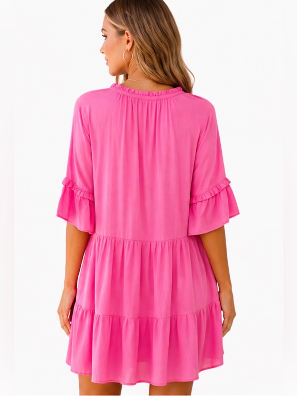 NEW W TAG Petal & Pup Pink Tiered Babydoll Mini Dress M Boho Ruffle Tassel Rayon - Picture 4 of 8